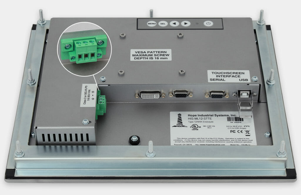 Écrans 12" à montage encastrable en façade à usage industriel et écrans tactiles robustes IP65/IP66, vue de la sortie du câble CC