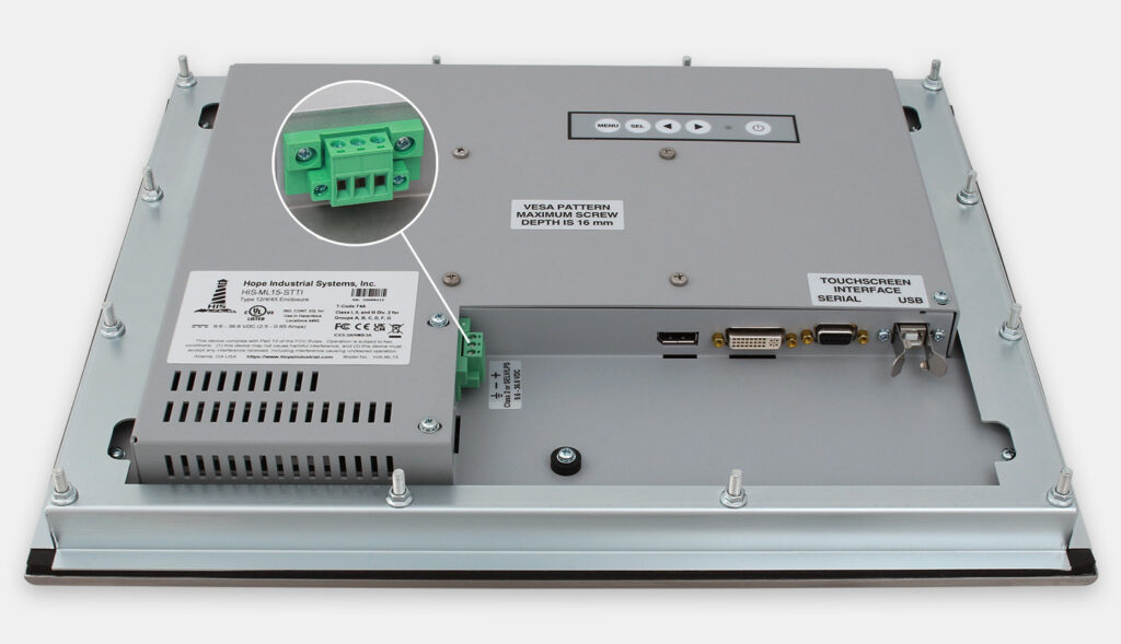 Écrans 15" à montage encastrable en façade pour usage industriel et écrans tactiles robustes homologués IP65/IP66, vue sortie de câble CC