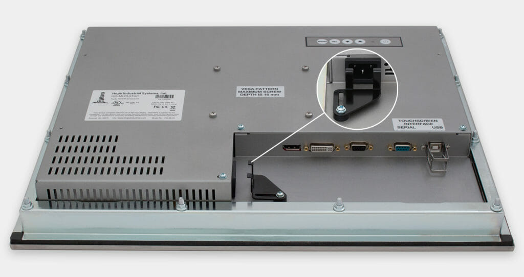 Écrans 20" à montage encastrable en façade à usage industriel et écrans tactiles robustes homologués IP65/IP66, vue de sortie de câble CA
