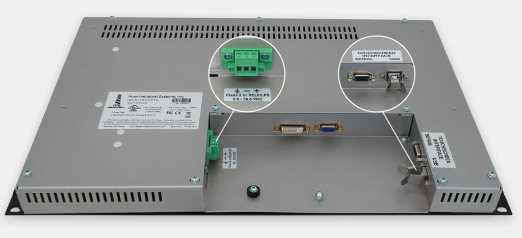 Écrans 19.5" grande largeur à montage en rack et usage industriel avec écrans tactiles robustes IP20, vue de la sortie du câble CC