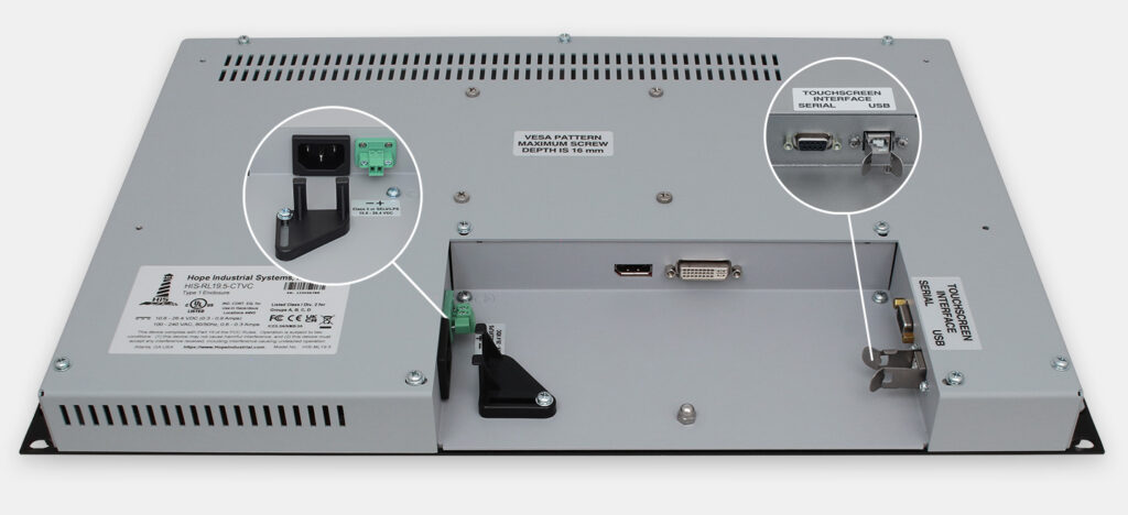 Écrans 19.5" grande largeur à montage en rack à usage industriel et écrans tactiles robustes IP20, vue sortie de câbles